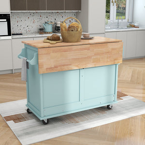 English Elm Kitchen Cart with Drop-Leaf Rubberwood Countertop, Sliding Barn Door, Locking Wheels & Storage Space Mint Green SK000001AAE
