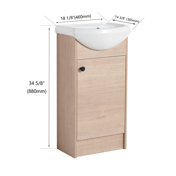 English Elm Freestanding 18 Inch Bathroom Vanity with Oval Ceramic Sink, Light Oak Plywood, Adjustable Shelf, Black Knobs (KD-PACKING) W999S00002