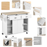 English Elm Kitchen Cart With Rubber Wood Drop-Leaf Countertop, Concealed Sliding Barn Door Adjustable Height,Kitchen Island On 4 Wheels With Storage Cabinet and 2 Drawers,L52.2Xw30.5Xh36.6 Inch, White