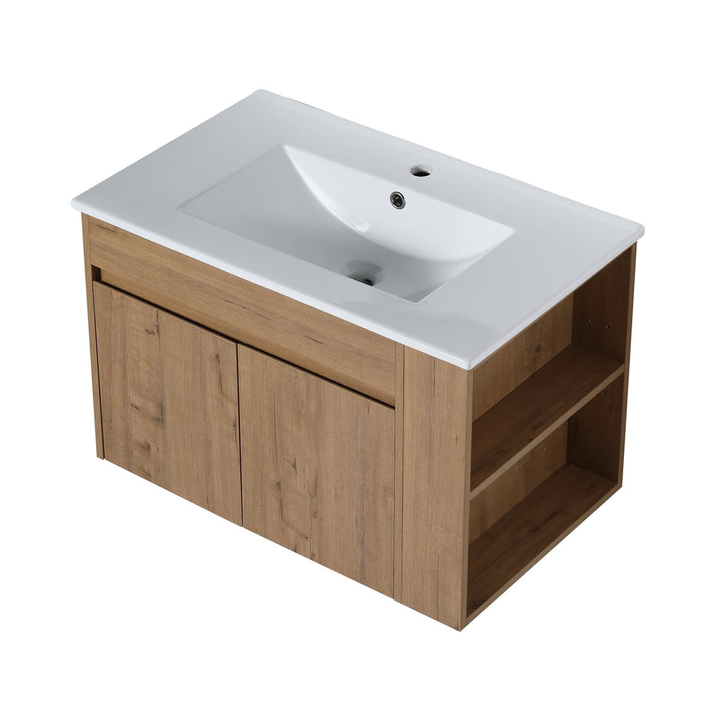 English Elm 30 Inch Bathroom Vanity With Adjustable Open Shelf & Modern White Ceramic Basin For Easy Assembly W999S00003
