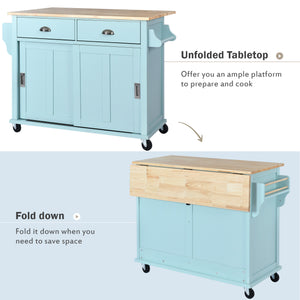 English Elm Kitchen Cart with Drop-Leaf Rubberwood Countertop, Sliding Barn Door, Locking Wheels & Storage Space Mint Green SK000001AAE