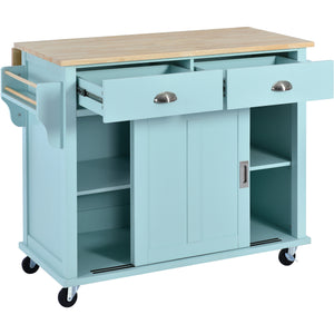 English Elm Kitchen Cart with Drop-Leaf Rubberwood Countertop, Sliding Barn Door, Locking Wheels & Storage Space Mint Green SK000001AAE