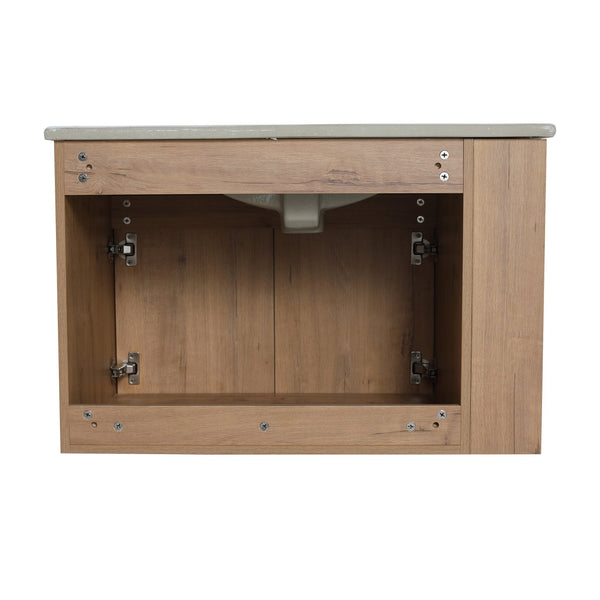 English Elm 30 Inch Bathroom Vanity With Adjustable Open Shelf & Modern White Ceramic Basin For Easy Assembly W999S00003