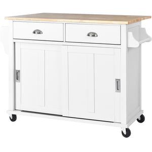 English Elm Kitchen Cart with Drop-Leaf Rubberwood Countertop, Sliding Barn Door, Locking Wheels & Storage Space White SK000001AAW