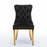 Velvet Dining Chairs, 2-Pack, Black/Gold, Tufted, Golden Steel Legs, 24.60 x 19.70 x 37.50