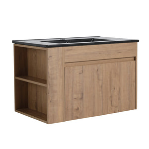 English Elm 30 Inch Bathroom Vanity - Modern Black Ceramic Basin With Adjustable Open Shelf For Small Spaces W999S00004