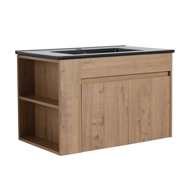 English Elm 30 Inch Bathroom Vanity - Modern Black Ceramic Basin With Adjustable Open Shelf For Small Spaces W999S00004