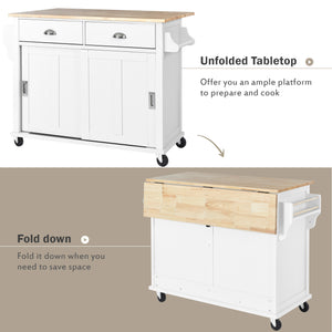 English Elm Kitchen Cart with Drop-Leaf Rubberwood Countertop, Sliding Barn Door, Locking Wheels & Storage Space White SK000001AAW