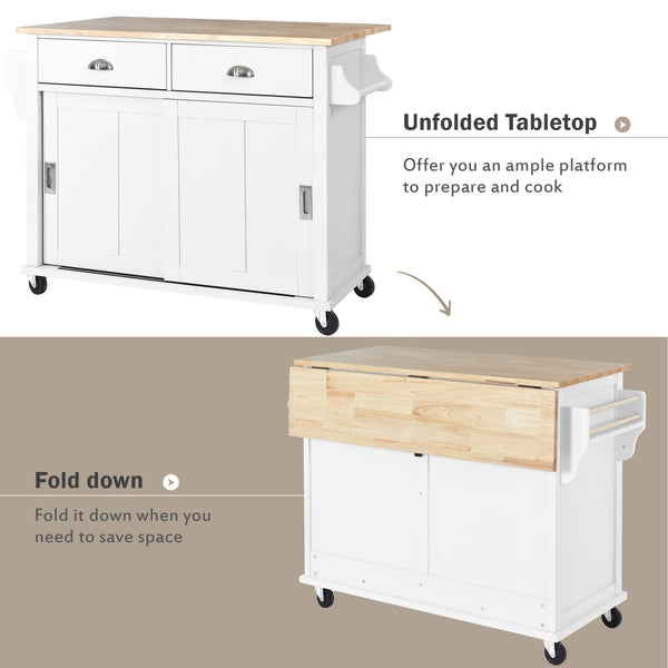 English Elm Kitchen Cart with Drop-Leaf Rubberwood Countertop, Sliding Barn Door, Locking Wheels & Storage Space White SK000001AAW