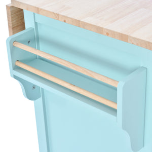 English Elm Kitchen Cart with Drop-Leaf Rubberwood Countertop, Sliding Barn Door, Locking Wheels & Storage Space Mint Green SK000001AAE