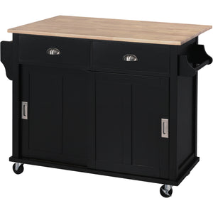 English Elm Kitchen Cart with Drop-Leaf Rubberwood Countertop, Sliding Barn Door, Locking Wheels & Storage Space Black SK000001AAB