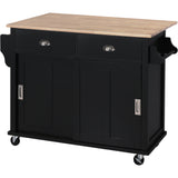 English Elm Kitchen Cart With Rubber Wood Drop-Leaf Countertop, Concealed Sliding Barn Door Adjustable Height,Kitchen Island On 4 Wheels With Storage Cabinet and 2 Drawers,L52.2Xw30.5Xh36.6 Inch, Black