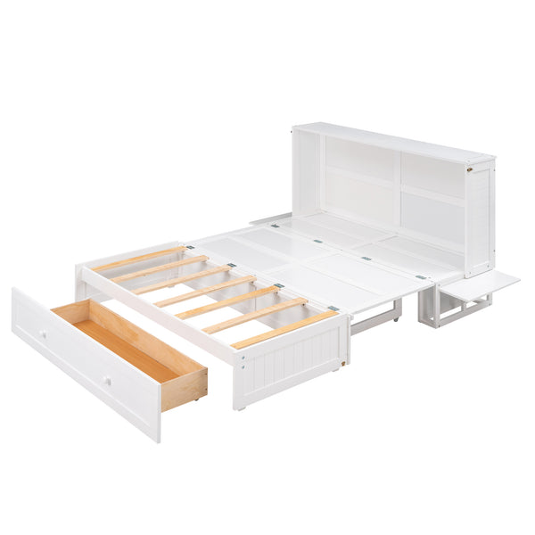 English Elm Queen Mobile Murphy Bed with Drawer & Side Shelves, Space-Saving White Wall Bed for Guests (Queen) GX000317AAK-1