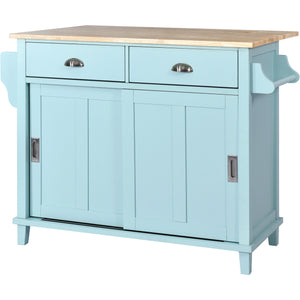 English Elm Kitchen Cart with Drop-Leaf Rubberwood Countertop, Sliding Barn Door, Locking Wheels & Storage Space Mint Green SK000001AAE