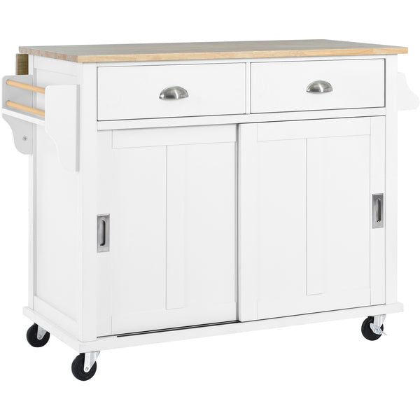 English Elm Kitchen Cart with Drop-Leaf Rubberwood Countertop, Sliding Barn Door, Locking Wheels & Storage Space White SK000001AAW