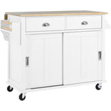 English Elm Kitchen Cart With Rubber Wood Drop-Leaf Countertop, Concealed Sliding Barn Door Adjustable Height,Kitchen Island On 4 Wheels With Storage Cabinet and 2 Drawers,L52.2Xw30.5Xh36.6 Inch, White