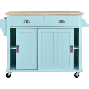 English Elm Kitchen Cart with Drop-Leaf Rubberwood Countertop, Sliding Barn Door, Locking Wheels & Storage Space Mint Green SK000001AAE