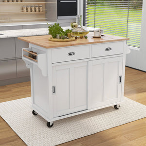 English Elm Kitchen Cart with Drop-Leaf Rubberwood Countertop, Sliding Barn Door, Locking Wheels & Storage Space White SK000001AAW