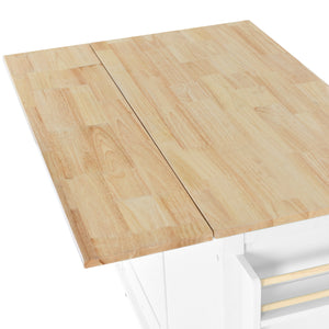 English Elm Kitchen Cart with Drop-Leaf Rubberwood Countertop, Sliding Barn Door, Locking Wheels & Storage Space White SK000001AAW