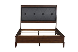 English Elm Dark Cherry Queen Sleigh Bed with Button-Tufted Black Faux-Leather Headboard, Transitional Style, 63.5"W B011S00187