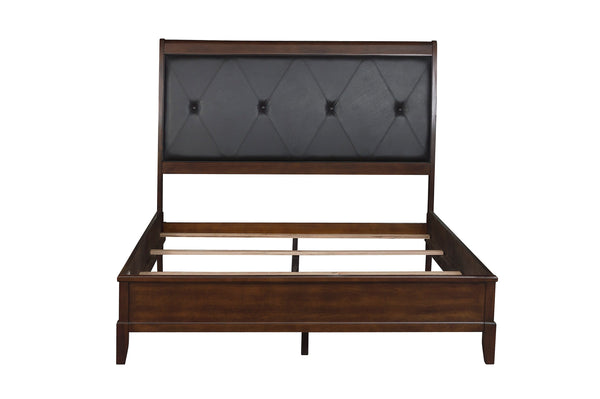English Elm Dark Cherry Queen Sleigh Bed with Button-Tufted Black Faux-Leather Headboard, Transitional Style, 63.5"W B011S00187