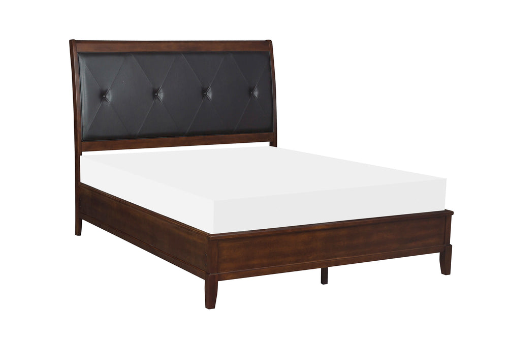 English Elm Dark Cherry Queen Sleigh Bed with Button-Tufted Black Faux-Leather Headboard, Transitional Style, 63.5"W B011S00187