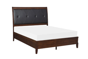 English Elm Dark Cherry Queen Sleigh Bed with Button-Tufted Black Faux-Leather Headboard, Transitional Style, 63.5"W B011S00187