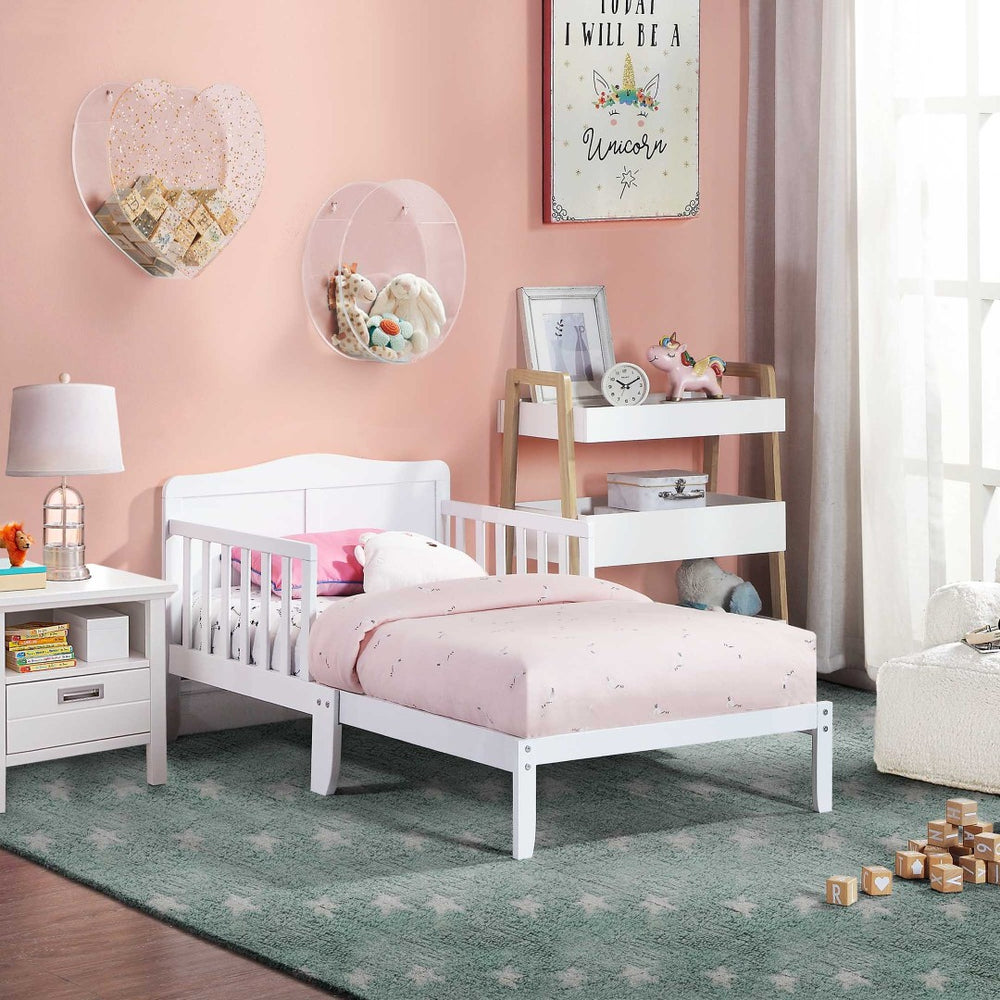 English Elm Birdie Toddler Bed Solid Wood Frame with Panel Headboard and Dual Guardrails White B02257212