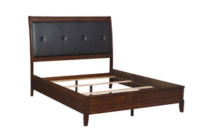 English Elm Dark Cherry Queen Sleigh Bed with Button-Tufted Black Faux-Leather Headboard, Transitional Style, 63.5"W B011S00187