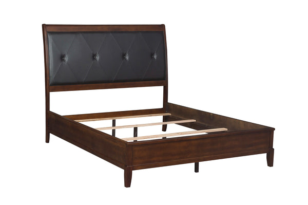 English Elm Dark Cherry Queen Sleigh Bed with Button-Tufted Black Faux-Leather Headboard, Transitional Style, 63.5"W B011S00187