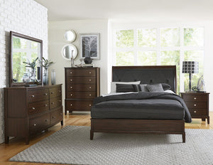English Elm Dark Cherry Queen Sleigh Bed with Button-Tufted Black Faux-Leather Headboard, Transitional Style, 63.5"W B011S00187