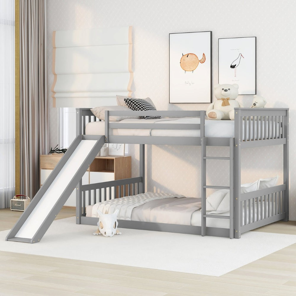 English Elm Twin Low Loft Bed with Pull Out Desk Drawers Cabinet and Shelves for Kids W697S00026