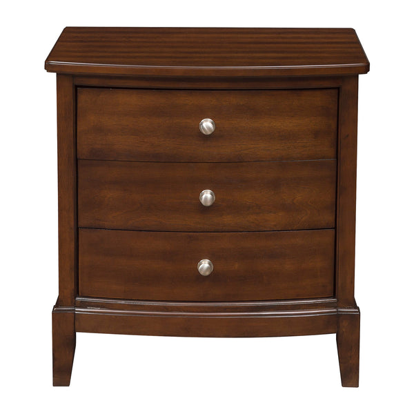 English Elm Dark Cherry Finish Nightstand with 3 Drawers, Birch Veneer Grain, Satin Nickel Knobs, Versatile Transitional Bedroom Piece B01162463