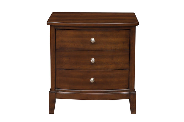 English Elm Dark Cherry Finish Nightstand with 3 Drawers, Birch Veneer Grain, Satin Nickel Knobs, Versatile Transitional Bedroom Piece B01162463
