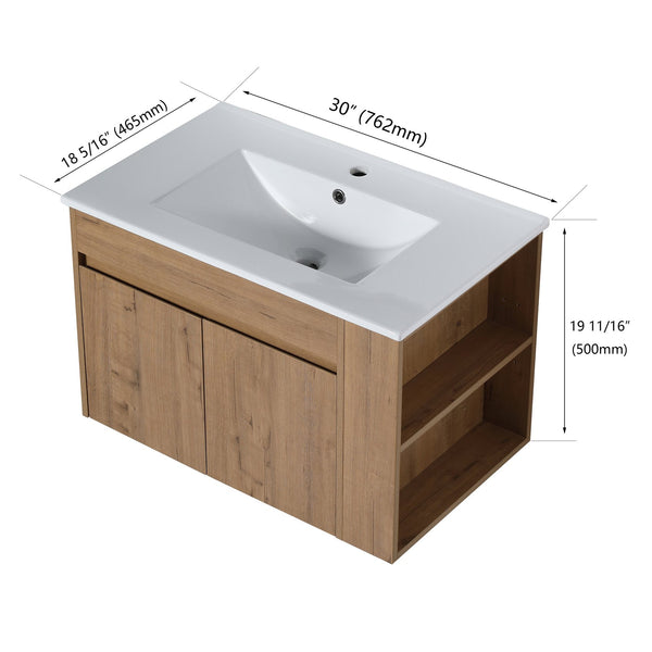 English Elm 30 Inch Bathroom Vanity With Adjustable Open Shelf & Modern White Ceramic Basin For Easy Assembly W999S00003