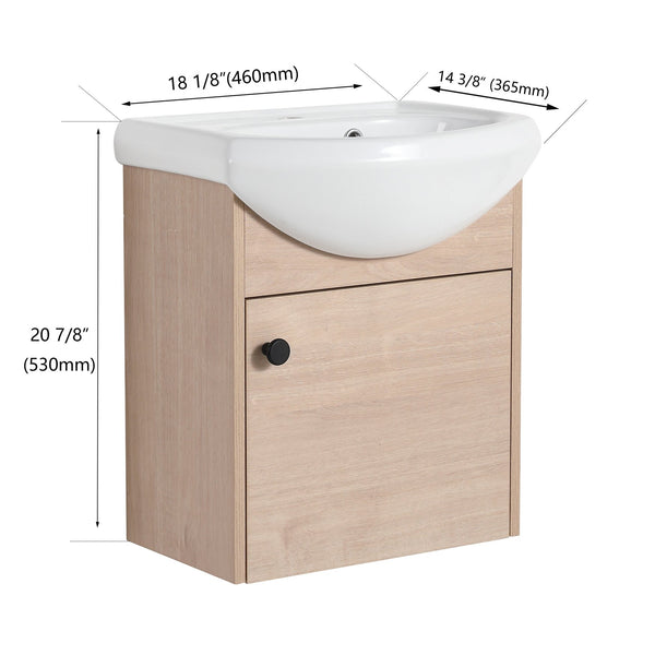 English Elm Small 18 Inch Floating Bathroom Vanity with Ceramic Sink, Soft-Close Doors, Water-Resistant Plywood Finish W99959248
