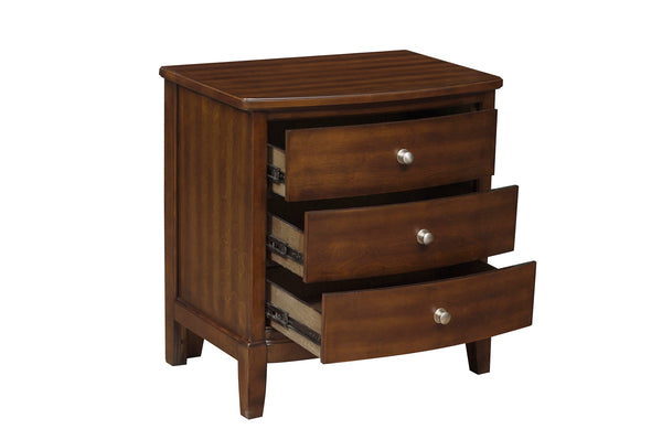 English Elm Dark Cherry Finish Nightstand with 3 Drawers, Birch Veneer Grain, Satin Nickel Knobs, Versatile Transitional Bedroom Piece B01162463