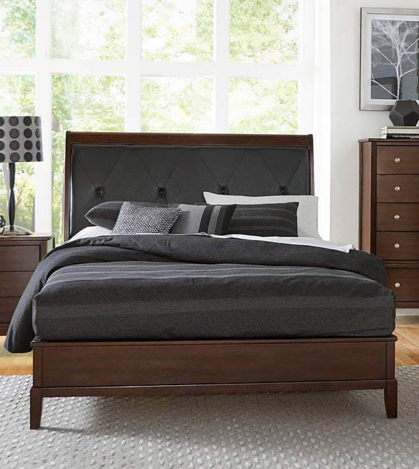 English Elm Dark Cherry Queen Sleigh Bed with Button-Tufted Black Faux-Leather Headboard, Transitional Style, 63.5"W B011S00187