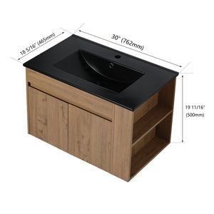 English Elm 30 Inch Bathroom Vanity - Modern Black Ceramic Basin With Adjustable Open Shelf For Small Spaces W999S00004