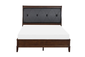 English Elm Dark Cherry Queen Sleigh Bed with Button-Tufted Black Faux-Leather Headboard, Transitional Style, 63.5"W B011S00187