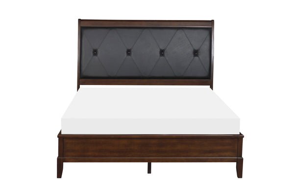 English Elm Dark Cherry Queen Sleigh Bed with Button-Tufted Black Faux-Leather Headboard, Transitional Style, 63.5"W B011S00187