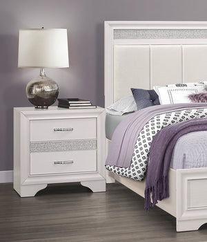 English Elm Glamorous Bedroom Furniture 1 Piece Nightstand Of Drawers With Hidden Felt-Lined Jewelry Drawer White Finish and Silver Glitter