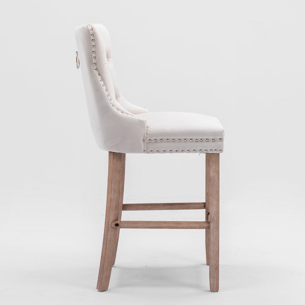 English Elm Contemporary Velvet Upholstered Barstool with Button Tufting, Chrome Nailhead Trim, Solid Wood Frame, High-Density Foam Comfort Beige W1143P177584