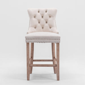 English Elm Contemporary Velvet Upholstered Barstool with Button Tufting, Chrome Nailhead Trim, Solid Wood Frame, High-Density Foam Comfort Beige W1143P177584