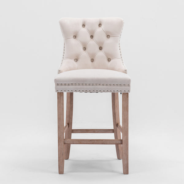 English Elm Contemporary Velvet Upholstered Barstool with Button Tufting, Chrome Nailhead Trim, Solid Wood Frame, High-Density Foam Comfort Beige W1143P177584