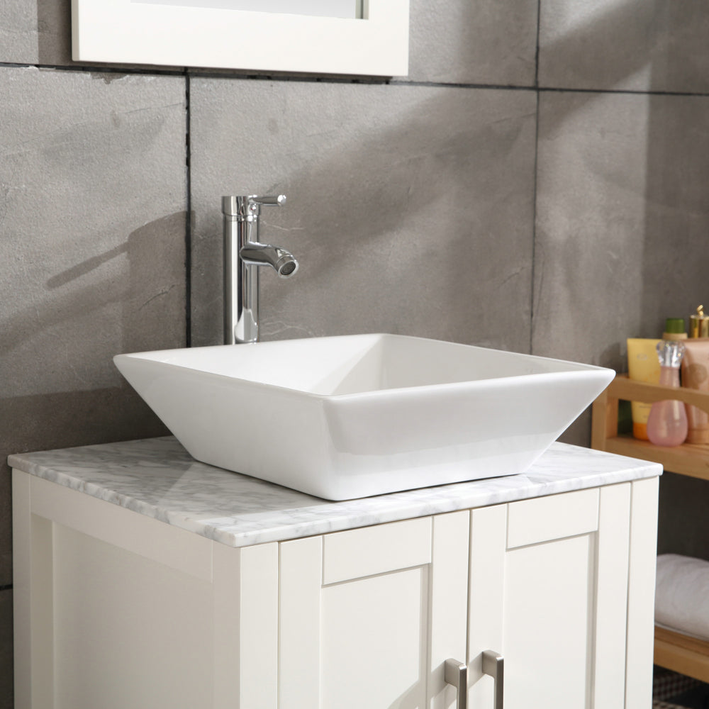 English Elm 16.5" Square Vessel Sink White Porcelain Countertop Bowl with Faucet, Pop-Up Drain & Hoses Set D16306243