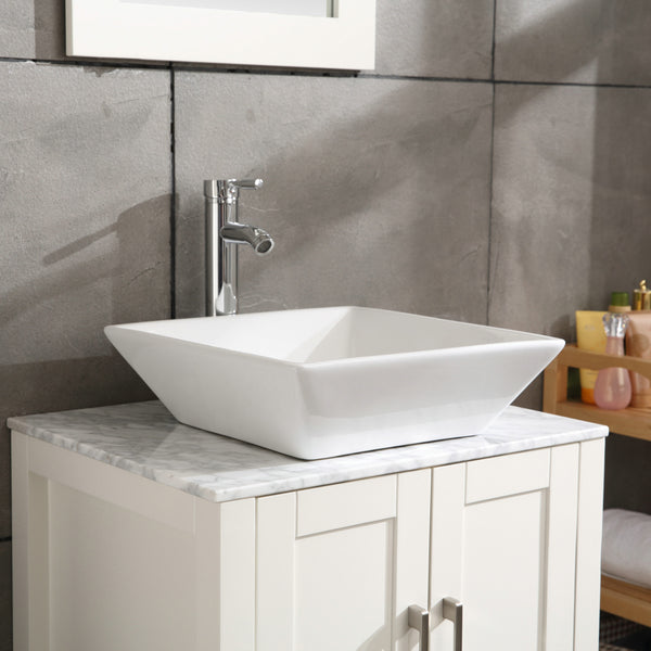 English Elm 16.5" Square Vessel Sink White Porcelain Countertop Bowl with Faucet, Pop-Up Drain & Hoses Set D16306243
