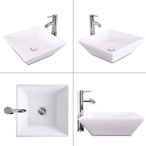English Elm 16.5" Square Vessel Sink White Porcelain Countertop Bowl with Faucet, Pop-Up Drain & Hoses Set D16306243