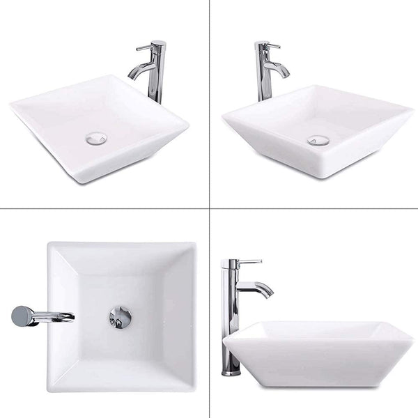 English Elm 16.5" Square Vessel Sink White Porcelain Countertop Bowl with Faucet, Pop-Up Drain & Hoses Set D16306243