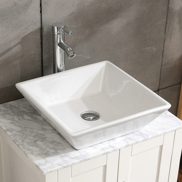 English Elm 16.5" Square Vessel Sink White Porcelain Countertop Bowl with Faucet, Pop-Up Drain & Hoses Set D16306243